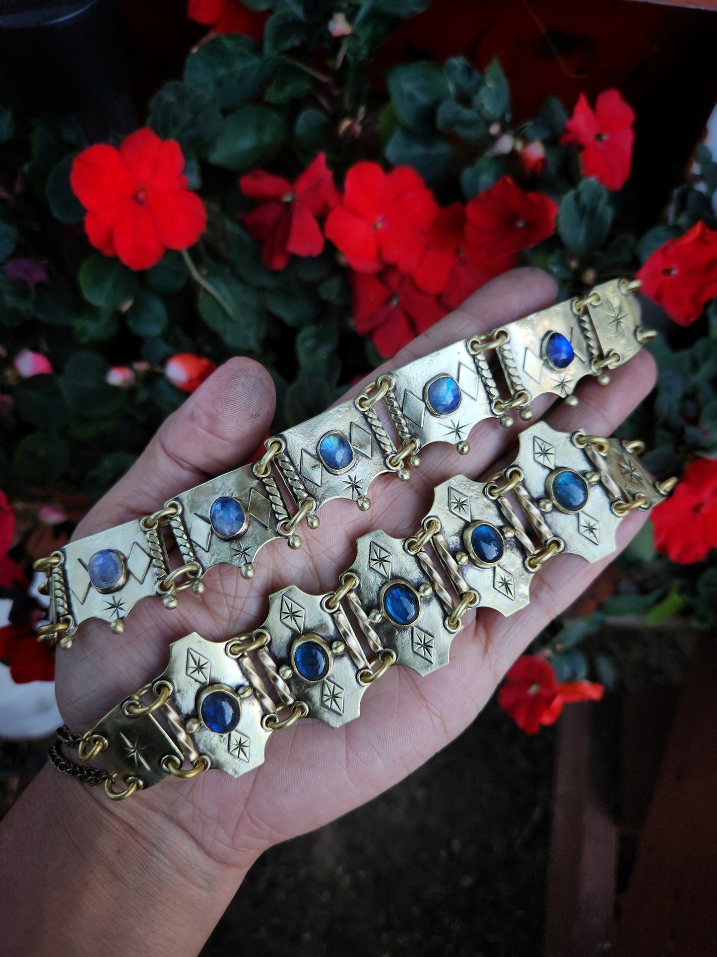 Brass & Moonstone Panel Choker Necklace