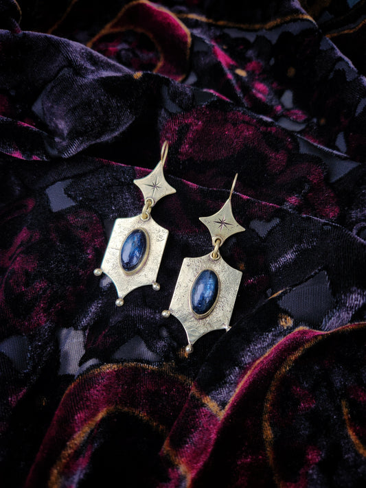 Kyanite & Brass Star Shield Earrings