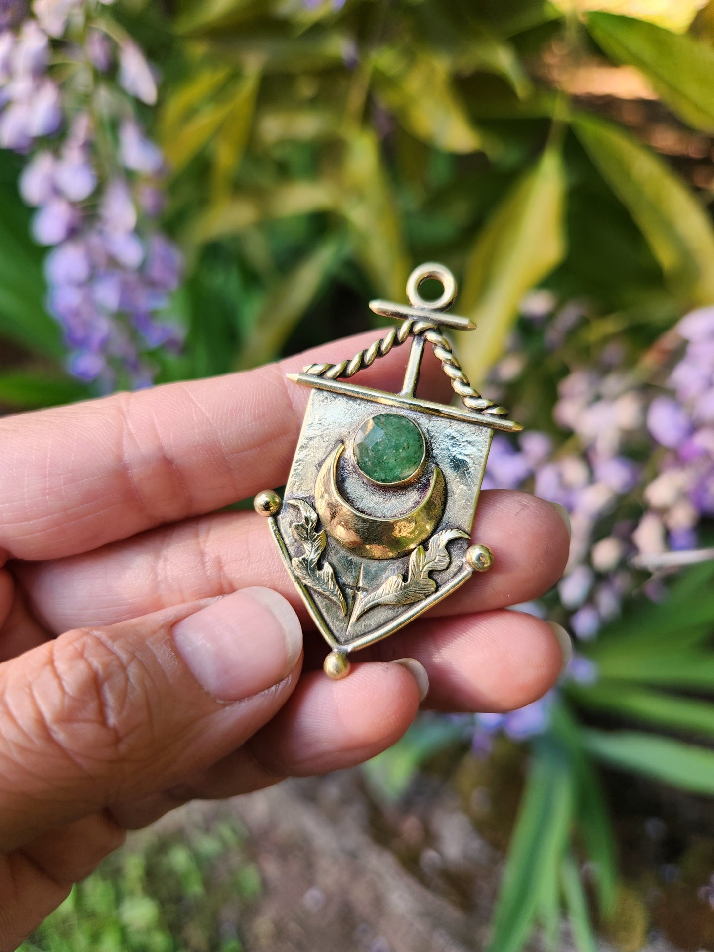 Strawberry Quartz Moon & Leaf Banner Pendant