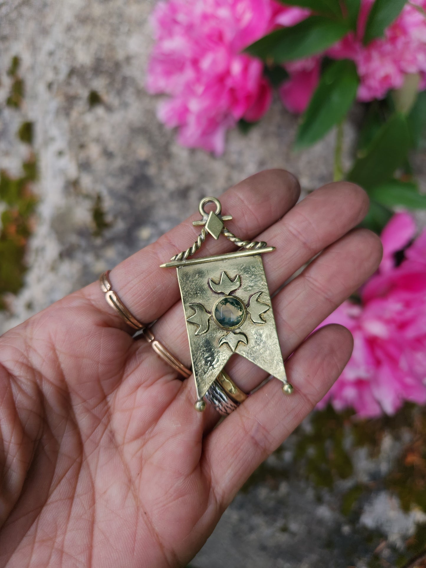 Moss Agate Banner Pendant or Earring