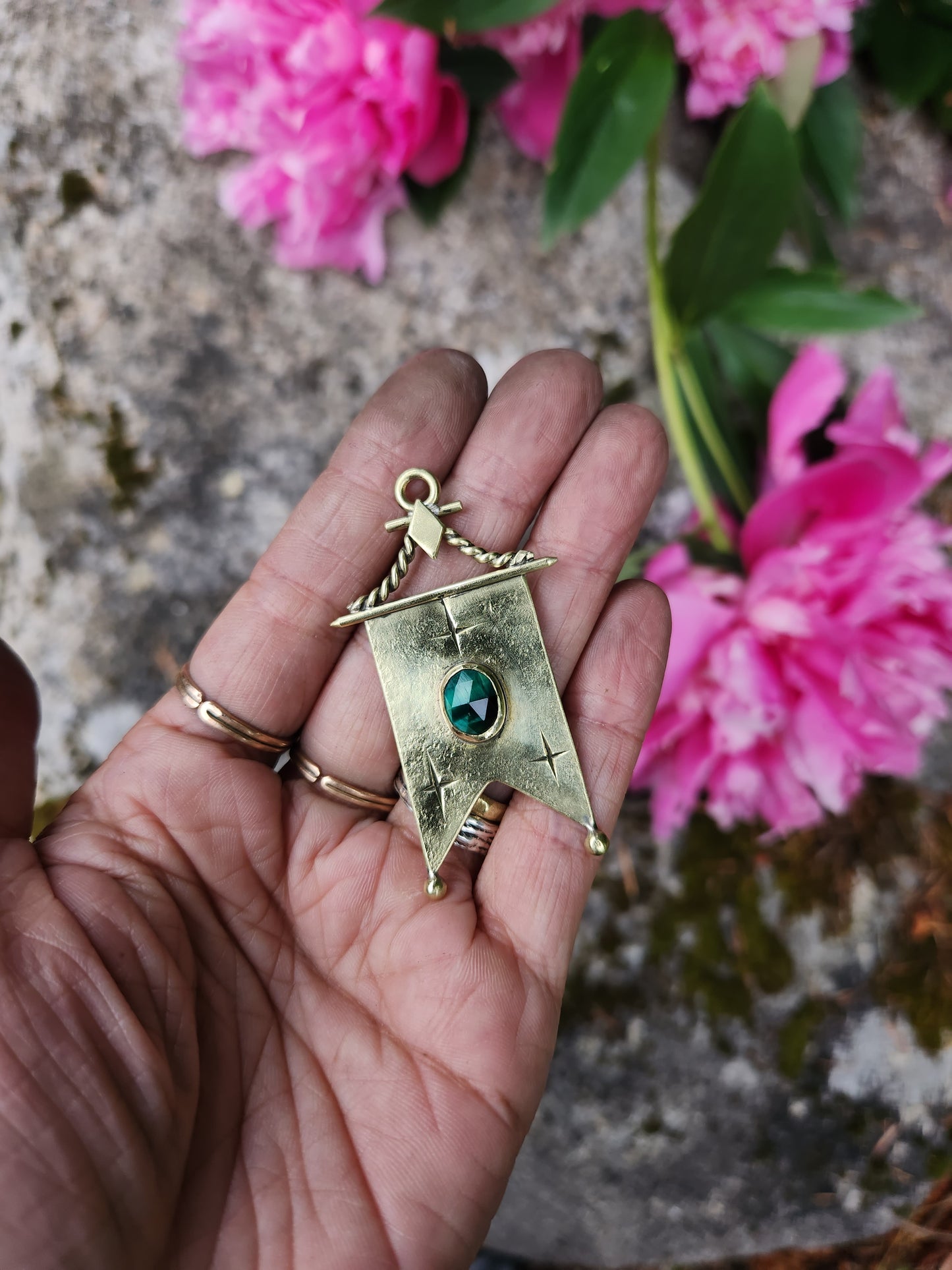 Green Tigers Eye and Stars Banner Pendant or Earring